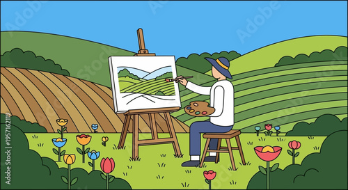 Artist painting a landscape on an easel outdoors.