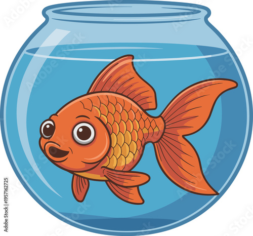Cartoon goldfish in fishbowl vector on white background.
