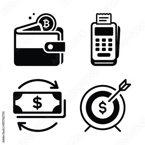 Finance and payments icon set with bitcoin wallet, POS terminal, money transfer and financial target in black and white vector
