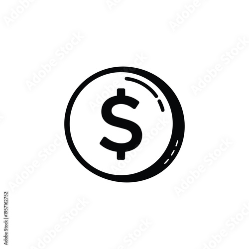 Dollar coin icon for finance and payments, dollar coin currency symbol in black and white vector