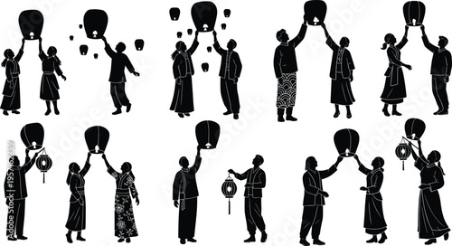 Collection of people releasing sky lantern silhouettes, festival celebration scene with floating lanterns, cultural event tradition icon set for holiday and celebration
