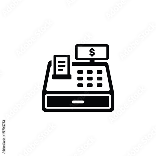Cash register icon for finance and payments, cash register payment symbol in black and white vector