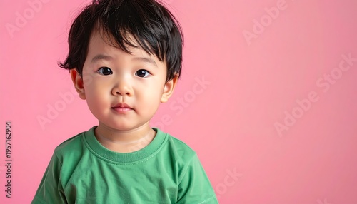 Close-up portrait of a cute young Asian toddler boy with black hair wearing a green t-shirt against a vibrant pink background, looking directly at the camera with a neutral expression.