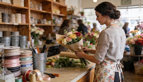 Lady arranging flowers into paper wrap at florist by counter in bright natural window light