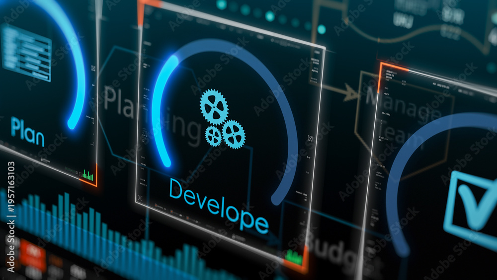 Obraz premium Agile project management, project life cycle, futuristic software interface (3d render)