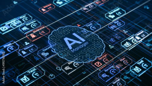 AI assistant for Agile project management, AI automation workflow, project life cycle, conceptual illustration (3d render)