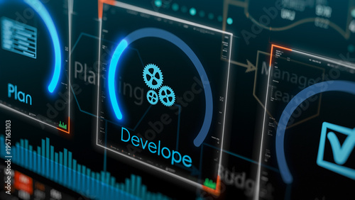 Agile project management, project life cycle, futuristic software interface (3d render)