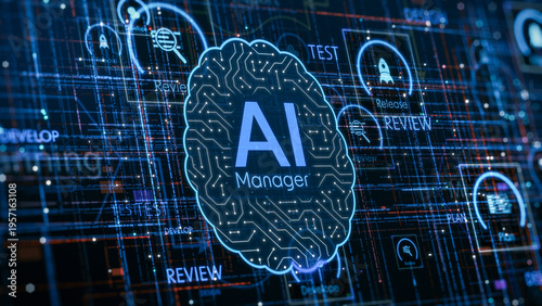 AI assistant for Agile project management, AI automation workflow, project life cycle, conceptual illustration (3d render)