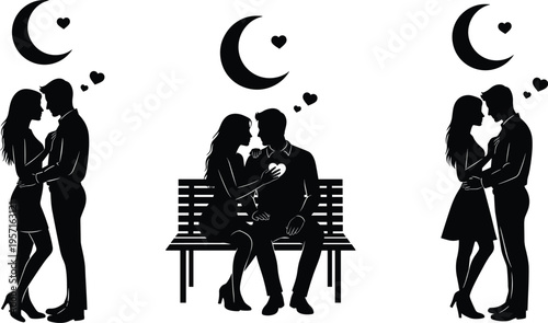 Black silhouette illustration of romantic couples under crescent moon with heart symbols, showcasing love, intimacy, and affection in symbolic poses