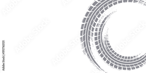 Grunge tire track, wheel braking marks. Truck, car or motorcycle tread pattern silhouette. Auto race, motorsport, speed racing design element. Vector illustration