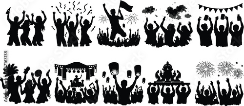 Crowd celebration silhouettes with fireworks, concert stage, festival lanterns and party people isolated on white background, vector illustration set