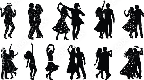 Couple dancing silhouettes collection with men and women performing romantic dance moves, party celebration and social dancing vector set for nightlife and entertainment design