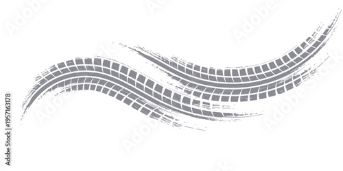 Grunge tire track, wheel braking marks. Truck, car or motorcycle tread pattern silhouette. Auto race, motorsport, speed racing design element. Vector illustration
