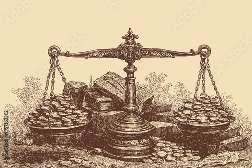 This vector illustration depicts a pile of gold coins being weighed on a set of scales, exploring the concepts of economic balance and justice.