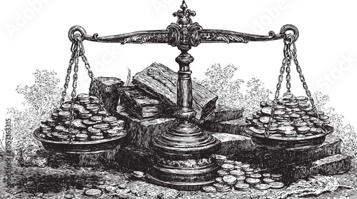 This vector illustration depicts a pile of gold coins being weighed on a set of scales, exploring the concepts of economic balance and justice.
