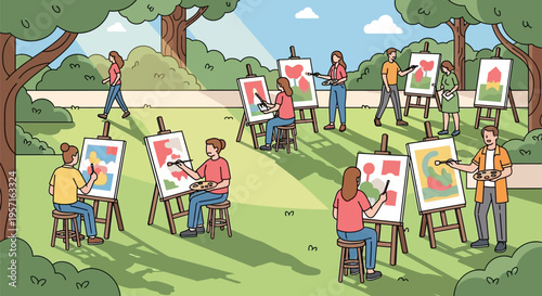 Group of artists painting outdoors in a park.