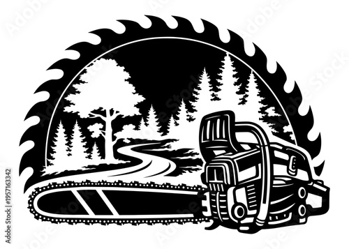 Lumberjack Woodworking Concept With Chainsaw And Forest Landscape, Professional Logging Equipment Silhouette, Saw Blade Frame Nature Design