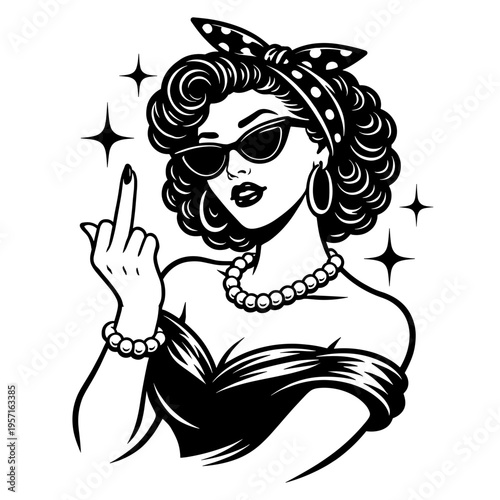 Vintage Pinup Woman Giving Middle Finger Gesture, Retro Girl With Sunglasses And Bandana, Bold Attitude Feminist Art, Sassy Rockabilly Silhouette