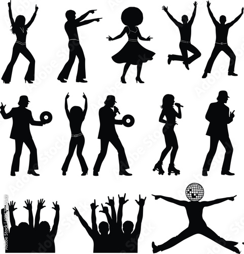 Dancing people silhouettes collection, active men women poses, jumping cheering crowd figures, party celebration vector set, lifestyle movement illustration pack