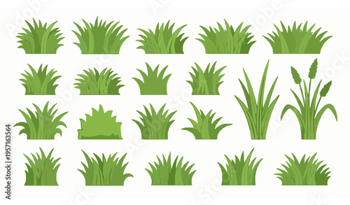 Flat grass vector set with isolated green blades tufts and clumps for nature and landscaping illustration