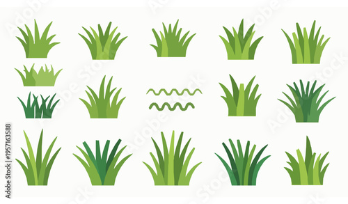Flat style grass vector set with isolated blades tufts and clumps for landscape and nature illustration