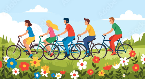 Group of friends enjoying a leisurely bike ride together.