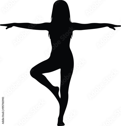 Silhouette of a woman practicing yoga in a balance pose vector illustration