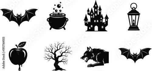 Collection of eight black Halloween silhouette icons including bat, cauldron, haunted castle, lantern, spooky tree, werewolf, dripping apple, and gothic motifs