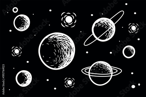 Abstract composition of planets with and without rings, hand-drawn in a detailed graphic hatching style.  