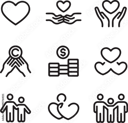 Minimalist charity and financial donation icons featuring family figures and monetary support symbols in black