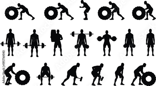 Large collection of black fitness silhouettes featuring men training with heavy tires, dumbbells, barbells, and sledgehammers isolated on white background.