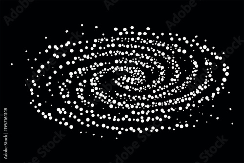Abstract galaxy illustration created with scattered dots on a deep black background, featuring a hand-drawn artistic style.  