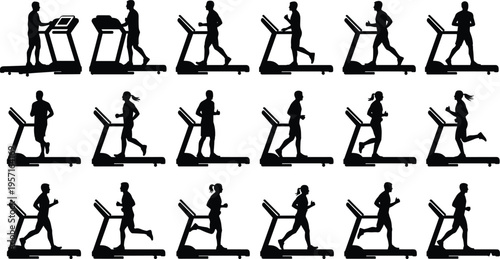 Large collection of black silhouettes featuring men and women running and walking on treadmills for indoor gym cardio workout isolated on white background.