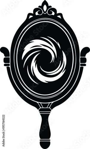 Silhouette vintage ornate hand mirror with mystical swirl portal vector illustration