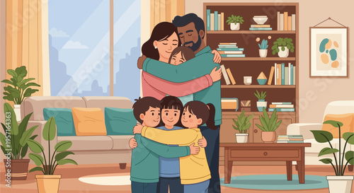 Happy diverse family with two parents and three children hugging together.