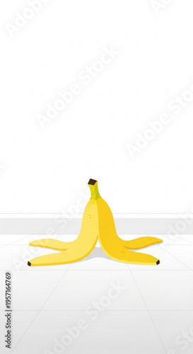 Yellow slippery banana peel on white background in minimalist style, April Fools' Day, prank, one line vector drawing  