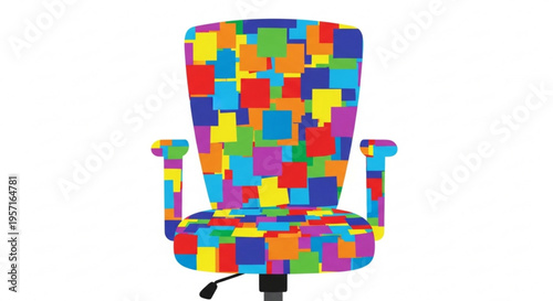 An office chair covered with multi-colored stickers on a white background, April Fools' Day, prank, one line vector drawing