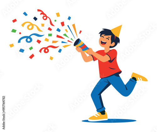 Young boy celebrating a birthday party, running and launching colorful confetti from a party popper, expressing happiness