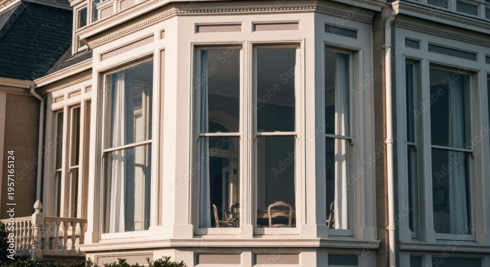 Fototapeta premium Victorian-style home facade with large bay windows reflecting interior furniture