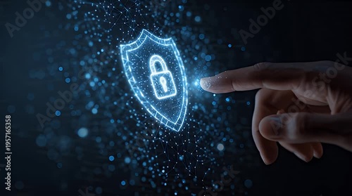 Digital security concept with glowing shield and hand interaction