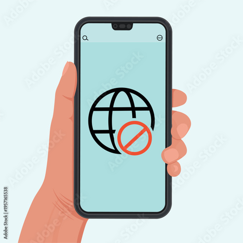 Hand holding a smartphone displaying a no connection icon on the screen, symbolizing network issues, offline mode, or internet outage.  