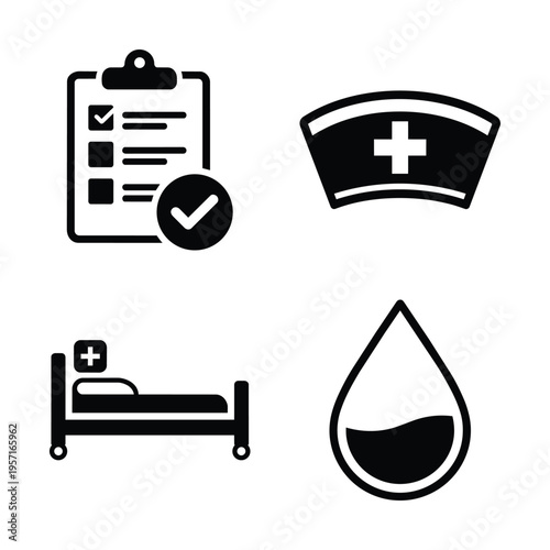 Healthcare and medical services icon set with medical checklist, nurse cap, hospital bed and blood drop in black and white vector