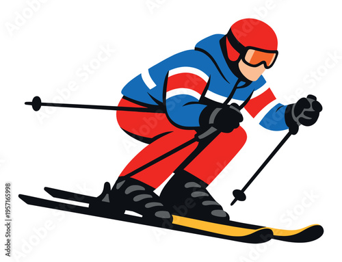 Skier performing downhill alpine skiing. Male athlete in red and blue uniform, wearing helmet and goggles, moving fast