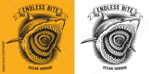 Surreal Infinity Shark Mouth Illustration, Endless Teeth Vortex Ocean Horror Design, Engraving Style Marine Predator