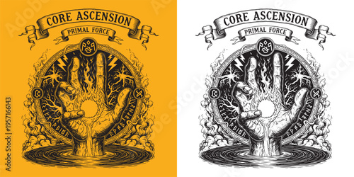 Occult Hand of Power with Energy Orb, Core Ascension Primal Force Ritual, Viking Rune Circle Engraving