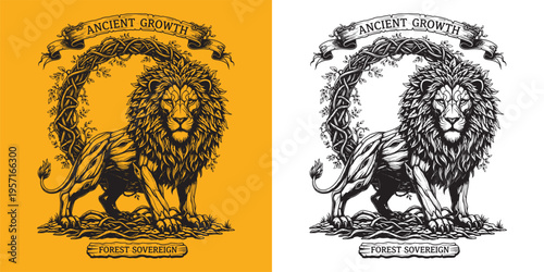 Forest Sovereign Ancient Growth Lion, Wood Root Lion King Guardian, Nature Spirit Animal Illustration
