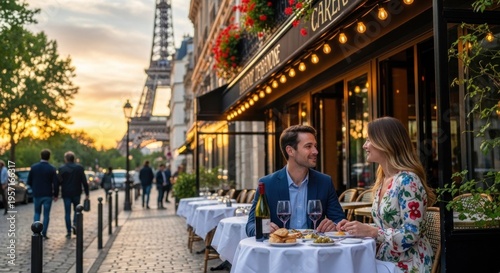 A couple sitting at a Parisian cafe, enjoying a meal with the Eiffel Tower in the background.