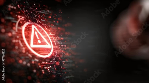 Futuristic digital warning symbol with glowing red interface
