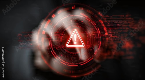 Futuristic digital warning symbol with red glowing interface