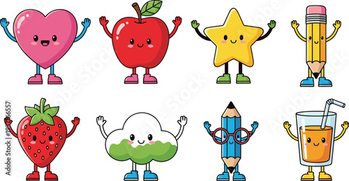 Cute cartoon vector illustration of heart, apple, star, pencils, strawberry, cloud, and juice characters with smiling faces, arms, and playful expressions